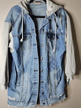 Highway Jeans Light Blue Denim Jacket with Gray Hood & Sleeves Size L PTP 23"